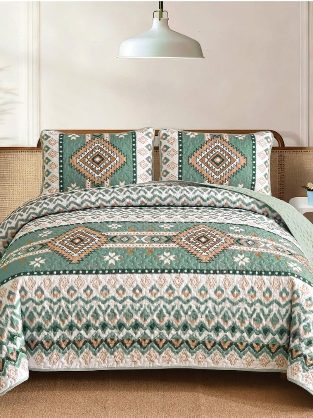Aztec Boho Quilt Set Queen, Sage Green Lightweight Bedspread